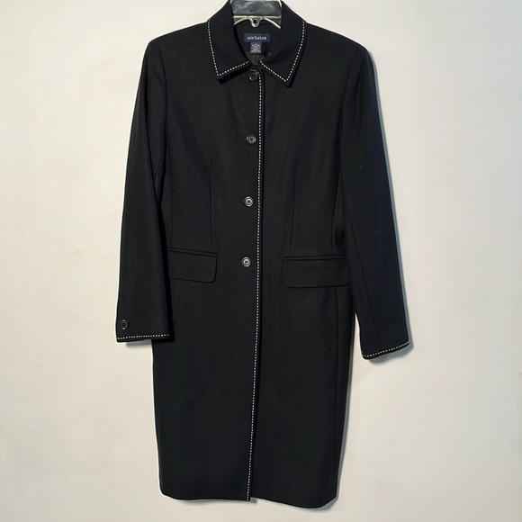 ANN TAYLOR Minimalist Wool White Stitch Detail Fitted Long Line Black Coat SZ 4
